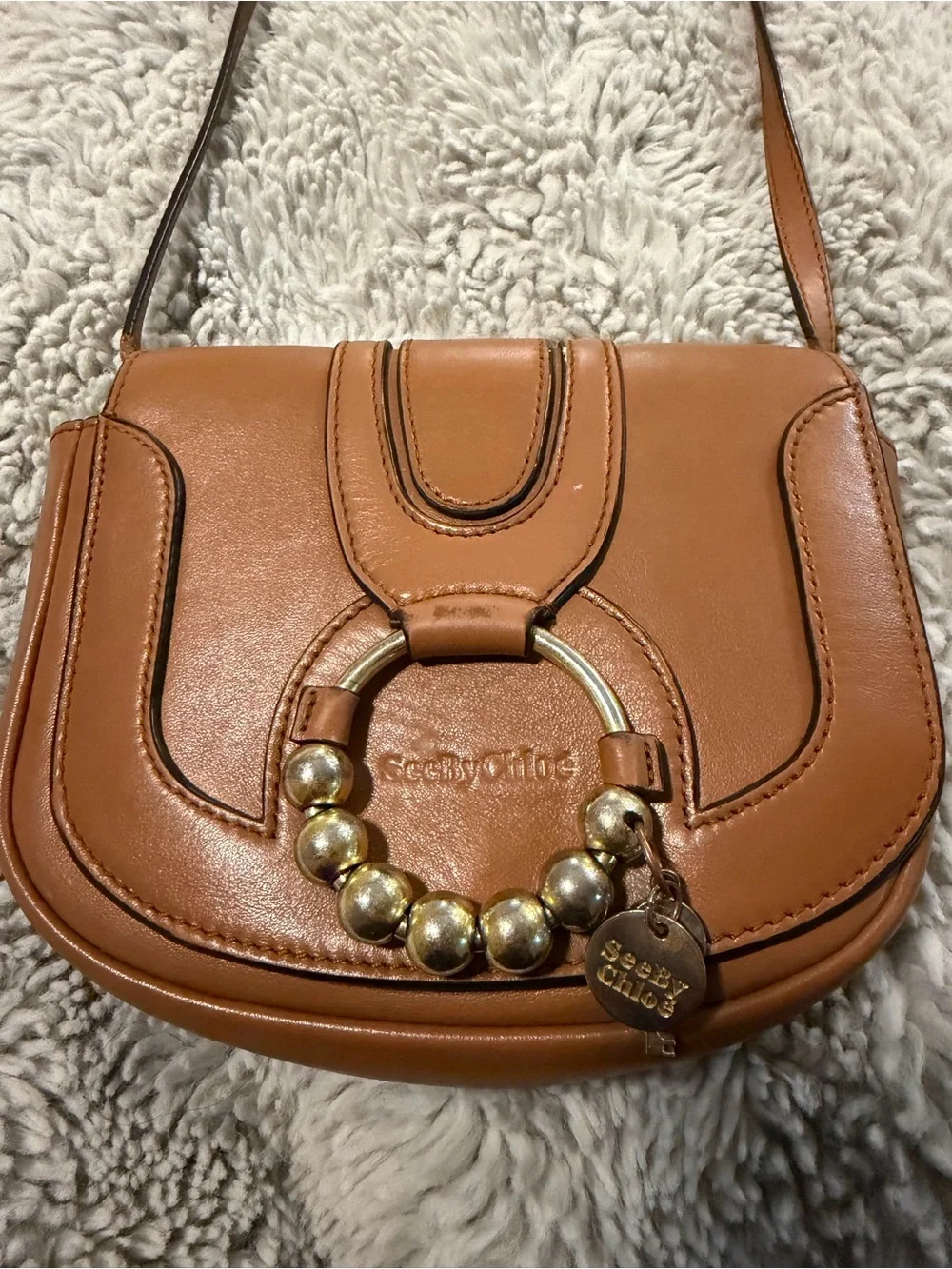 See By Chloe Tan Leather Small Crossbody with Gold Ring Detail